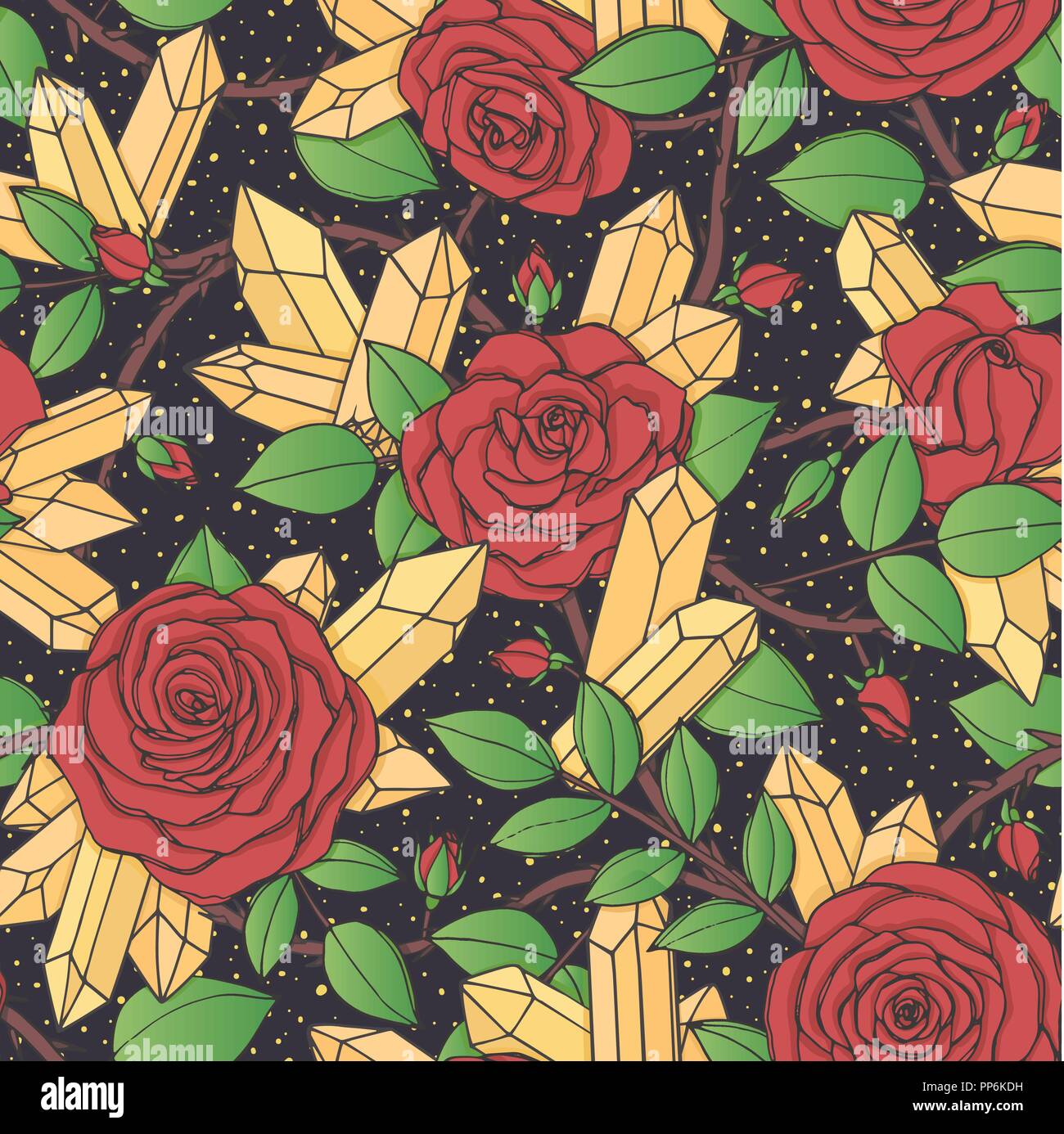 Vector disegnati a mano modello senza giunture di red rose fiori con boccioli, foglie e steli spinosi e cristalli sul nero sfondo tratteggiato. Ornamento floreale di Illustrazione Vettoriale