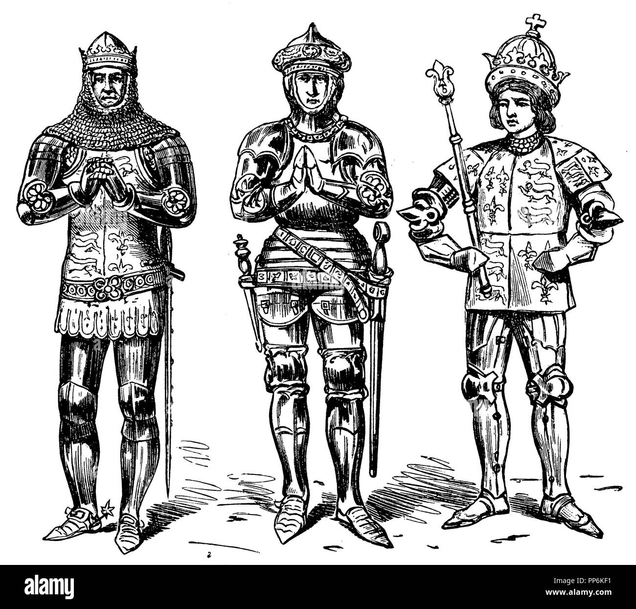 Costume di guerra del Medioevo, Inghilterra. Gottische Harnisch, sinistra: fine del XIV secolo, medio: Conteggio Warwick (morto nel 1471), a destra: Richard III. (Morto nel 1485), anonym 1896 Foto Stock