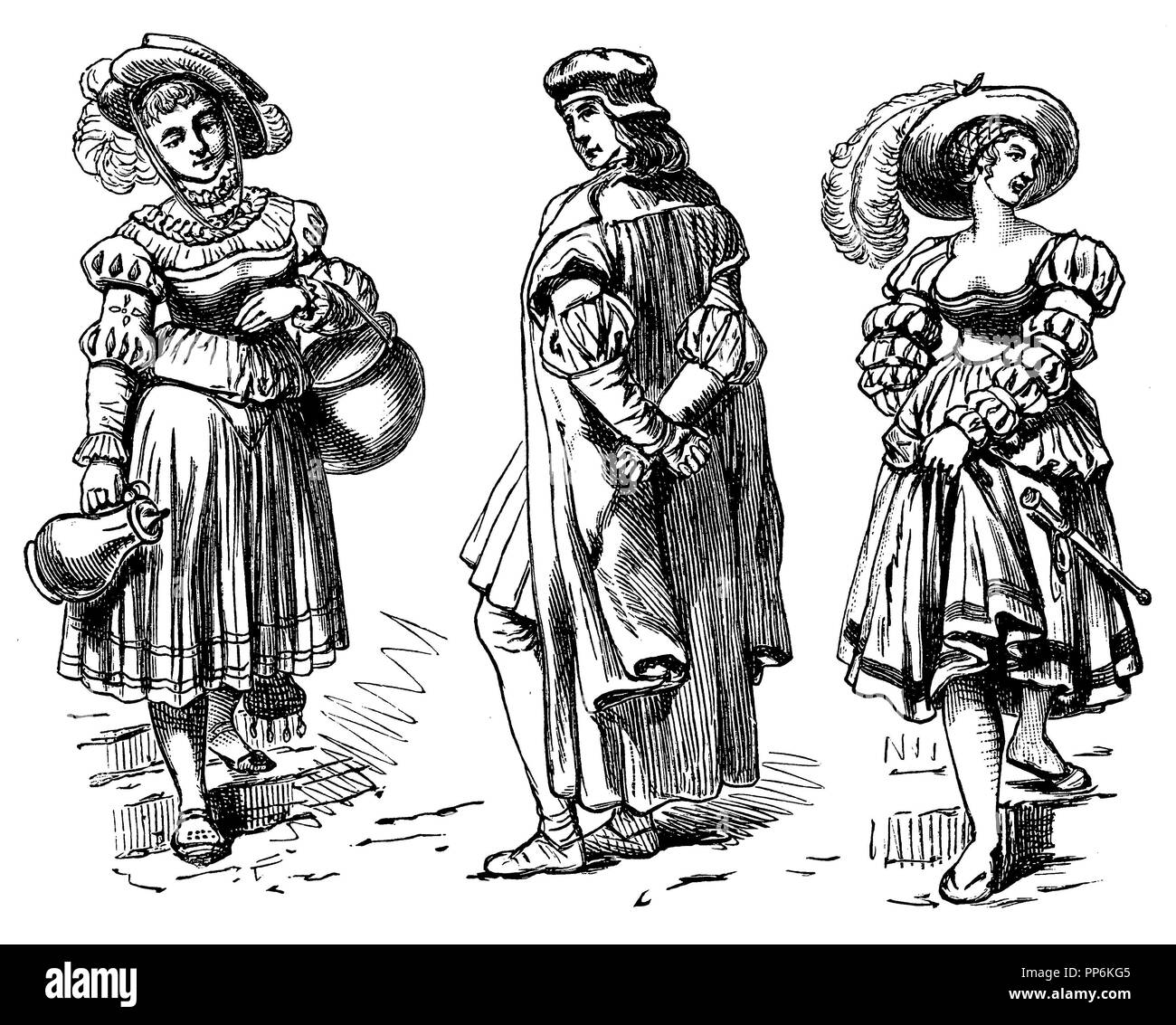 Tedesco in costume rinascimentale (1500-1550), sinistra: Bürgerfrau, medio: Studente, destra: Viaggio Donna, anonym 1896 Foto Stock