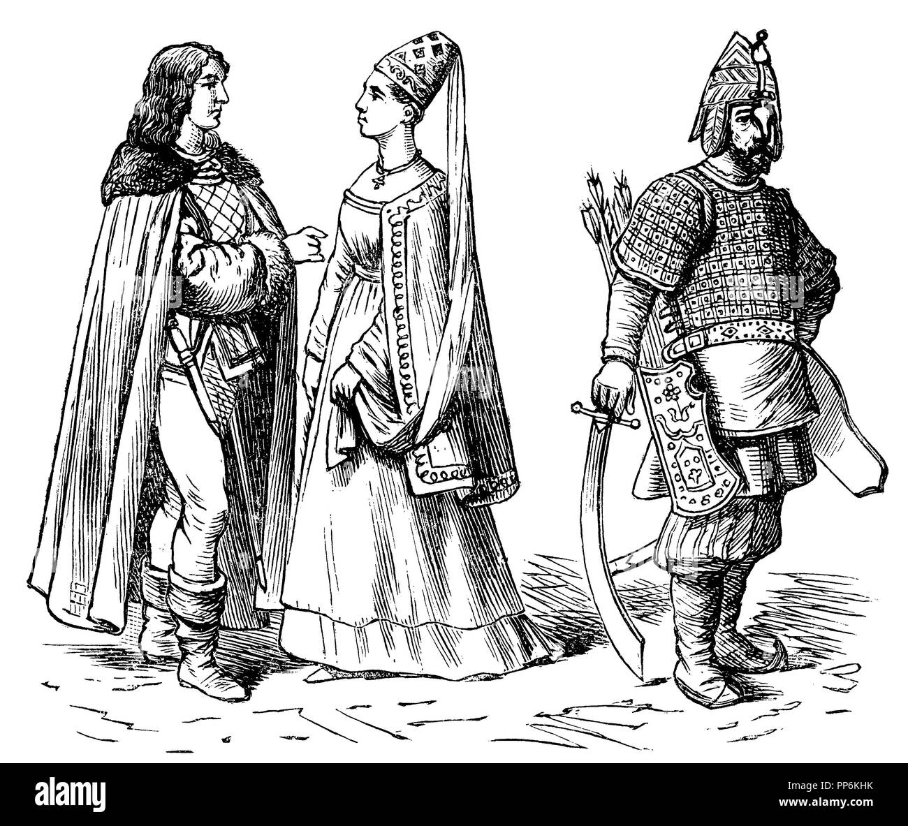 Russi e Polacchi e Ungheresi (nei secoli XV e XVI), al centro e a sinistra: nobile ungherese del xv secolo, a destra: Russo guerriero, tardo XV secolo, anonym 1896 Foto Stock