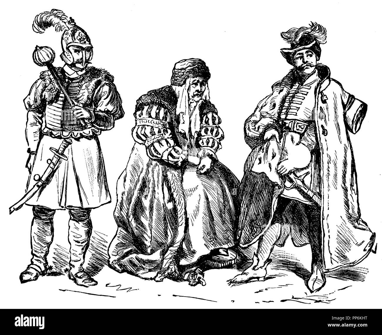 Russi e Polacchi e Ungheresi (nei secoli XV e XVI), sinistra: guerriero polacco, al centro e a destra: Polacco Costume di corte, XVI secolo, anonym 1896 Foto Stock