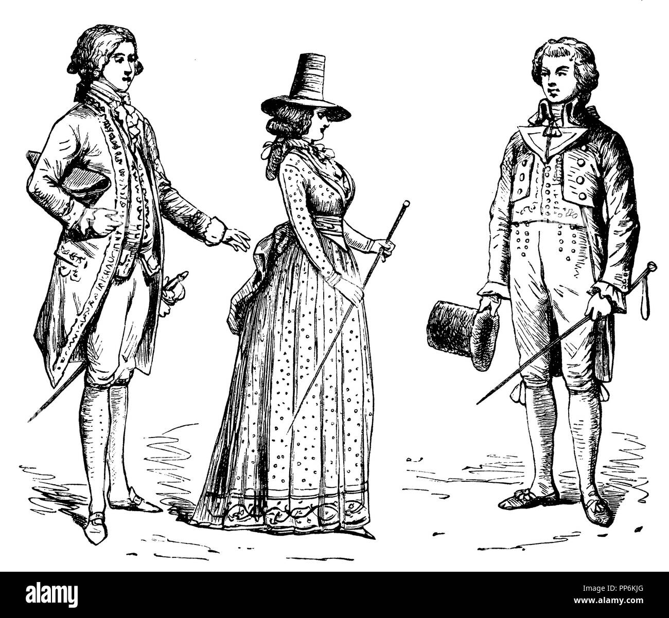E Zopfzeit Revolutionstrachten (1750-1805), sinistra: Hoftracht, Gala 1785, medio lady 1792, destra 1790-1792, anonym 1896 Foto Stock