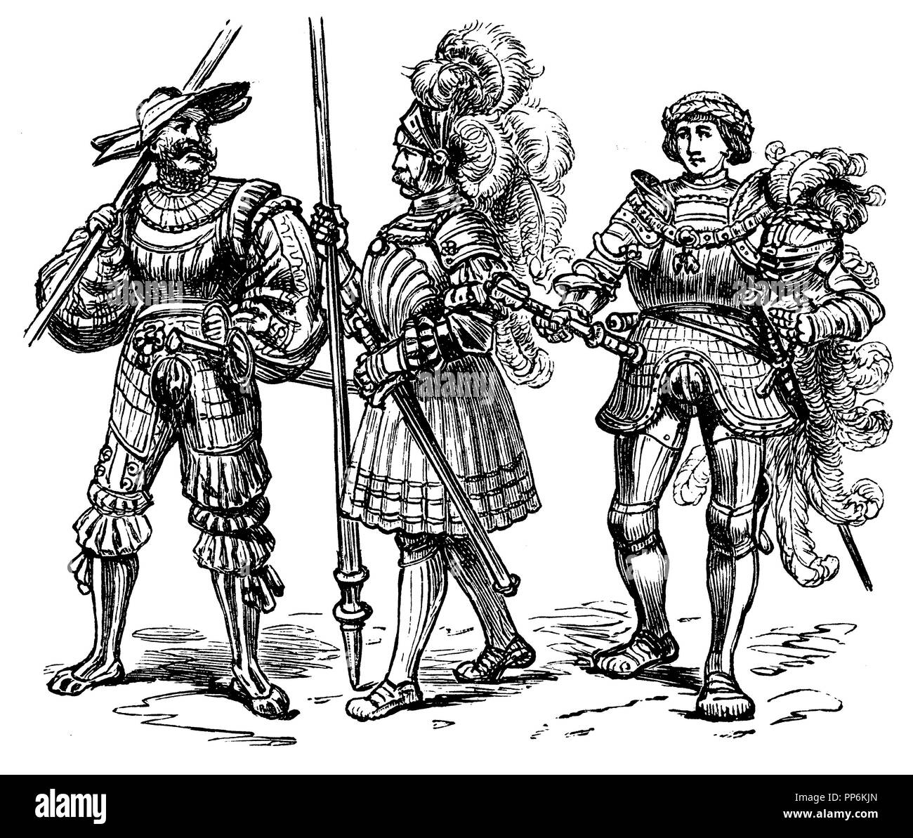 Costume guerriero dei tempi recenti, 2 uomini a sinistra: Landsknecht, 153-1540, metà armor, destra: Massimiliano armor, 1500, anonym 1896 Foto Stock
