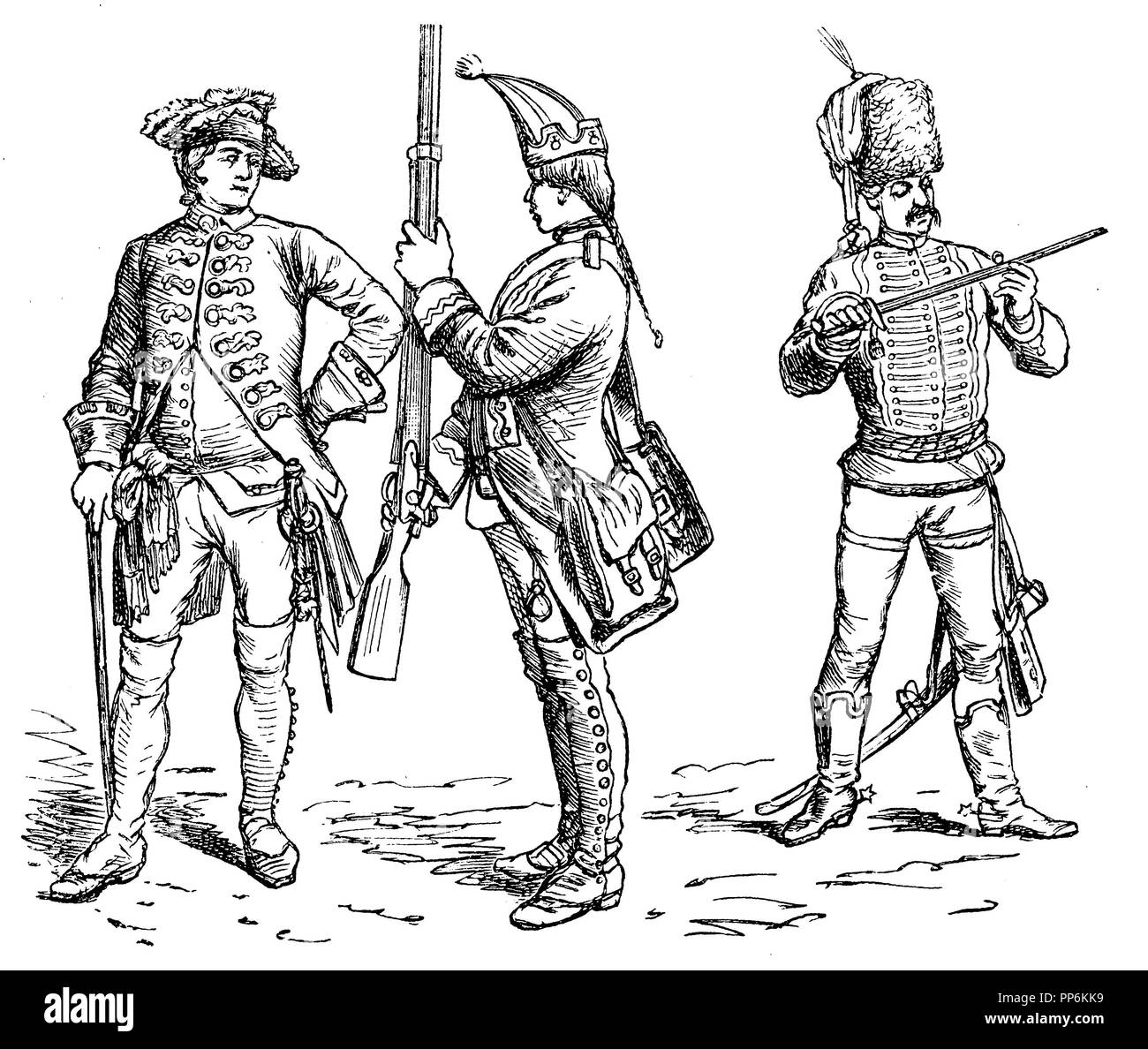 Costume di guerra di questi ultimi tempi, la Prussia 1760, protezione sinistra officer, centro: Granatiere, destra: Hussar officer, anonym 1896 Foto Stock