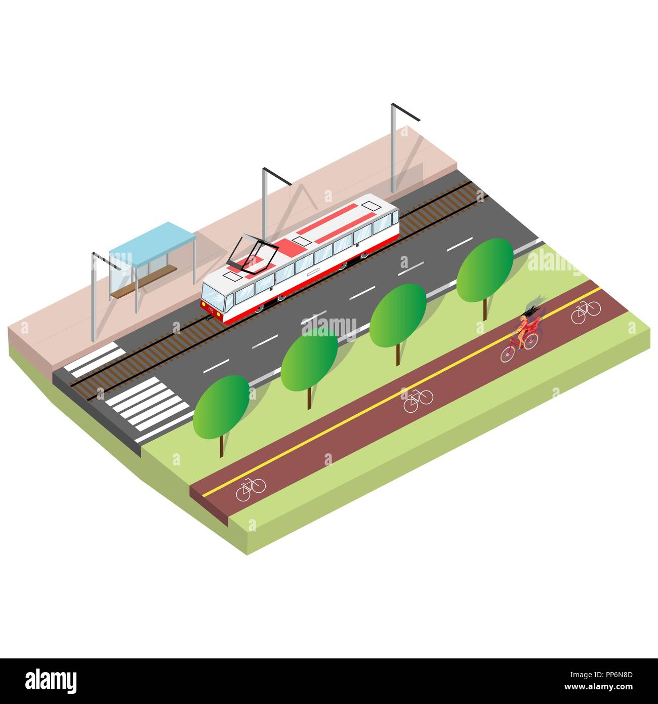Paesaggio con un tram in una vista isometrica Illustrazione Vettoriale