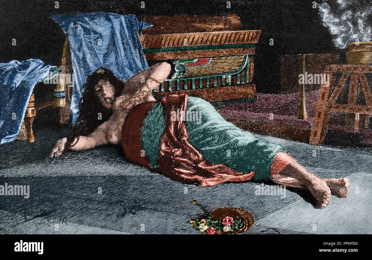 Cleopatra VII Philopator (69-30 a.C.). Regina d'Egitto. La morte di Cleopatra. L'incisione nell'illustrazione artistica, 1888. Colorati. Foto Stock