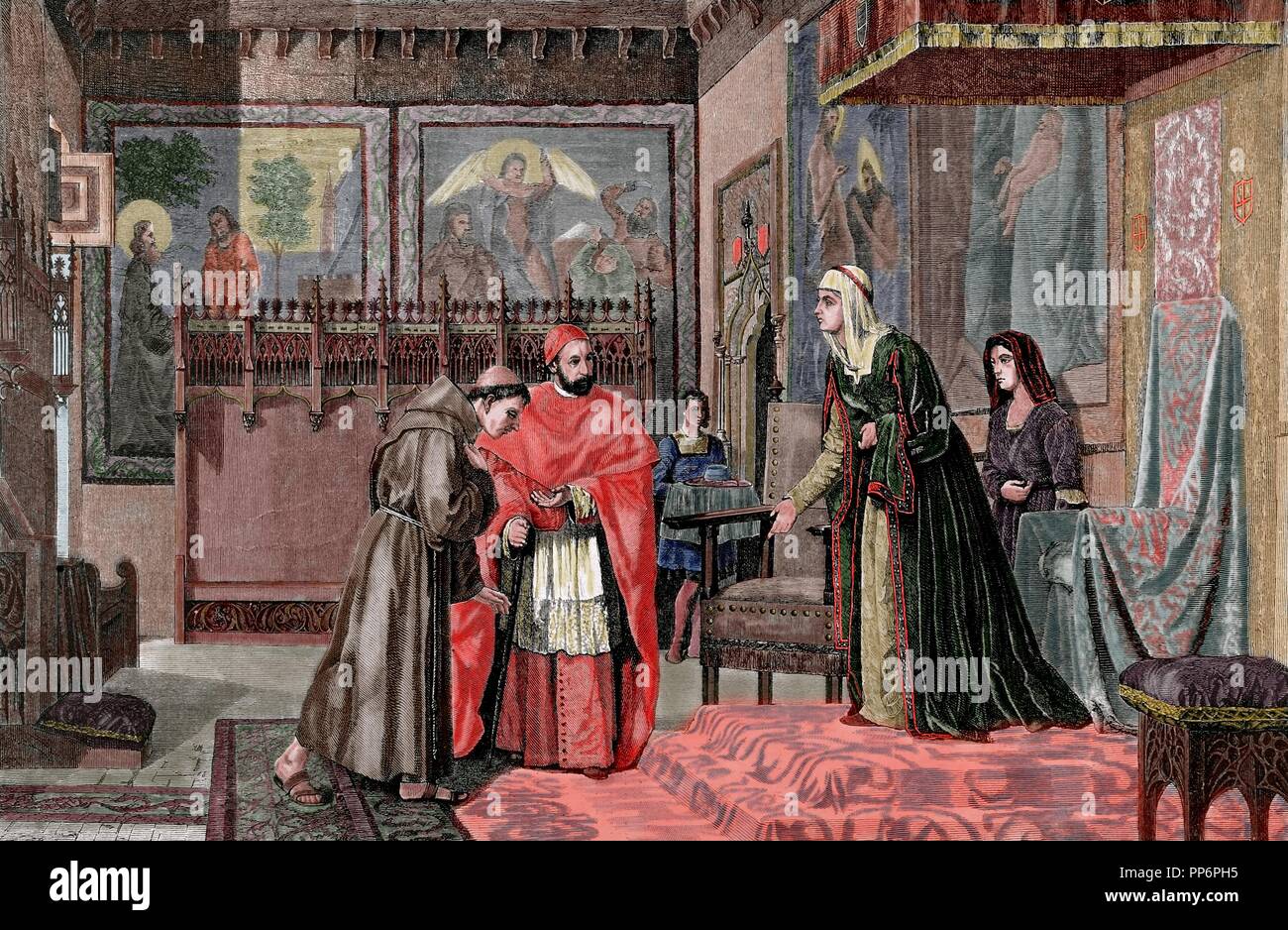 Regno di Castiglia. Intervista tra la regina Isabella I di Castiglia (1451-1504) e Ximenez de Cisneros (1436-1517) . Incisione di R. Milliet. La Ilustracion EspaÃ±ola y Americana, 1872. Colorati. Foto Stock