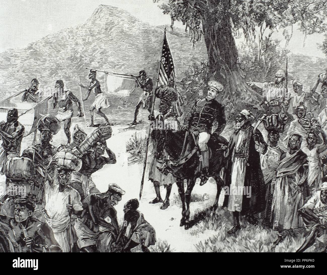 Henry Morton Stanley (1841-1904). Esploratore britannico. Stanley's expedition lasciando Matadi, una città nella Repubblica democratica del Congo, con Tippo-Tip e le sue donne (marzo 1887). Incisione. Foto Stock