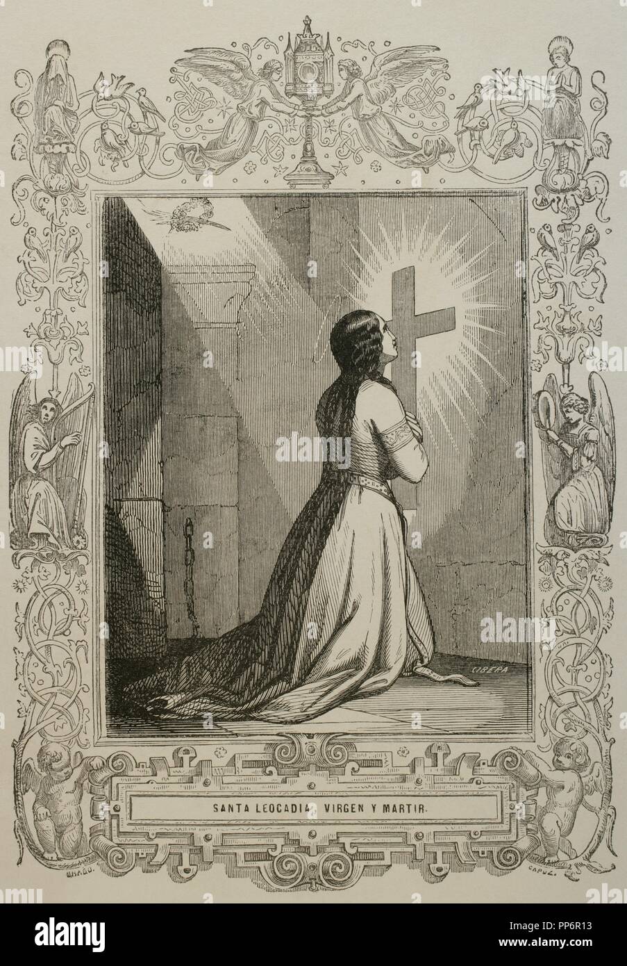 Saint Leocadia. 3a-4a secoli. Christian vergine e martire della Civiltà Romana Hispania. Incisione di Cibera. Anno cristiano, 1853. Foto Stock