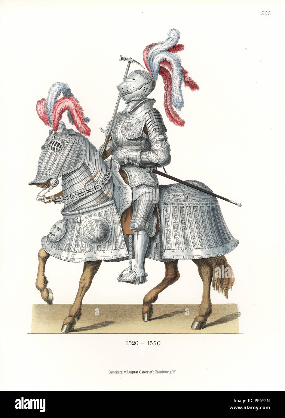 Tuta completa di ornati in battaglia corazza per uomo e barding per cavallo dagli inizi del XVI secolo. Indossa un casco piumati, e porta una battaglia martello e spada. Riccamente scolpite nel Kaiser Maximilian stile. Da Dresda Museo di storia. Chromolithograph da Hefner-Alteneck 'costumi, opere d arte e di apparecchi dal Medioevo al XVII secolo", Francoforte, 1889. Il dottor Jakob Heinrich von Hefner-Alteneck (1811-1903) era un museo tedesco curatore, archeologo, storico dell'arte, illustratore e incisore. Foto Stock