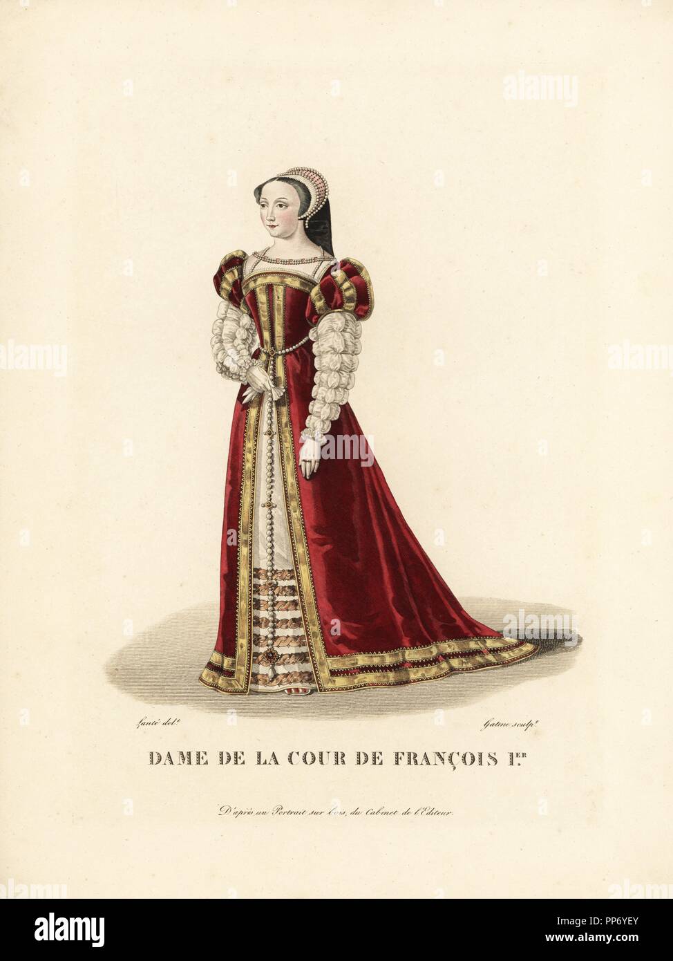 Dama di corte del re Francois I di Francia, del XVI secolo. Dopo un ritratto su legno. Handcolored incisione su rame da Gatine dopo una illustrazione di Louis Marie Lante da Pierre de la Mesangere 'costumi des femmes celebres' (costumi di donne famose), Paris, 1827. Foto Stock