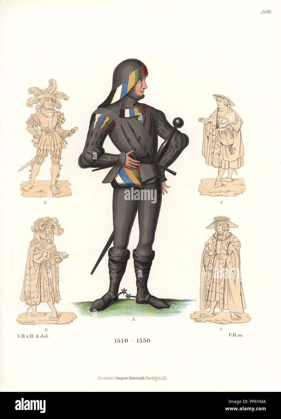 Usura cortigiana del conte Kenneberg, prima metà del XVI secolo. Cavaliere  indossa un timone, doppietto barrato, stoccaggio e stivali con speroni,  tutti in nero con colori araldici. Knight B e nobili in