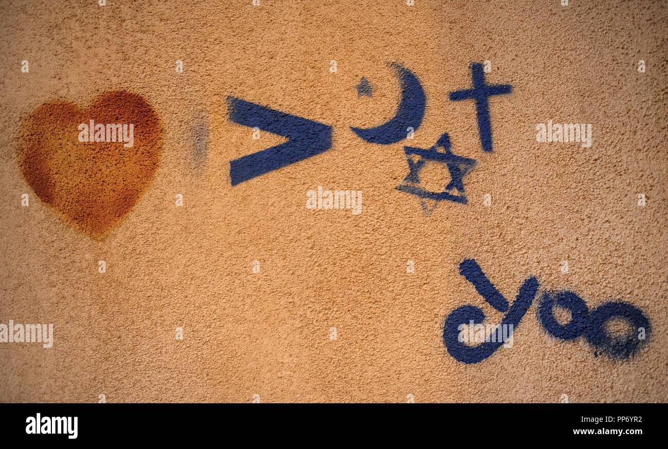 Israele. graffiti. Amore cristianesimo islam ed ebraismo. Foto Stock