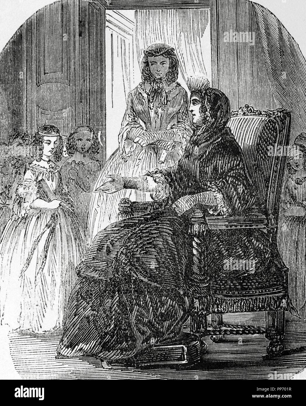 Franc oise d'a Aubigne, Marquise de Maintenon (1635 Ð1719). La seconda moglie di Re Luigi XIV di Francia. Ella era conosciuta durante il suo primo matrimonio come Madame Scarron. Madame de Maintenon su San Cir. Incisione del XIX secolo. Foto Stock