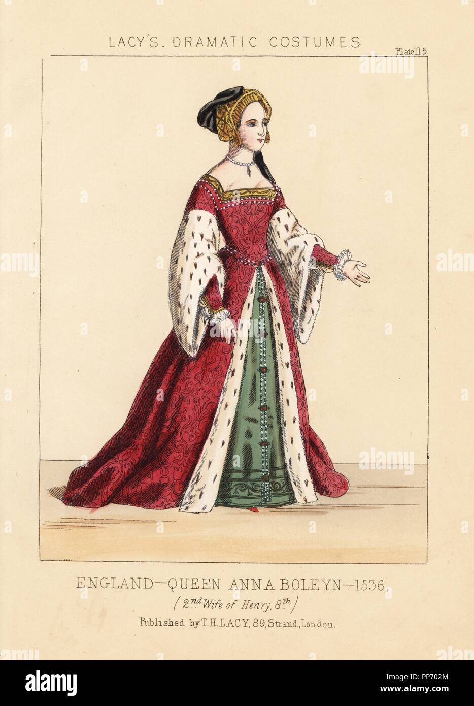 Queen Anne Boleyn, seconda moglie di Enrico VIII, Inghilterra, 1536. Attrice e danzatrice Fairbrother (1816-1890) è stata la padrona di Prince George. Handcolored litografia dal Thomas Hailes Lacy 'costumi femminili, Storico Nazionale e drammatica in piastre 200', Londra, 1865. Lacy (1809-1873) era un attore britannico, drammaturgo teatrale di manager e publisher. Foto Stock