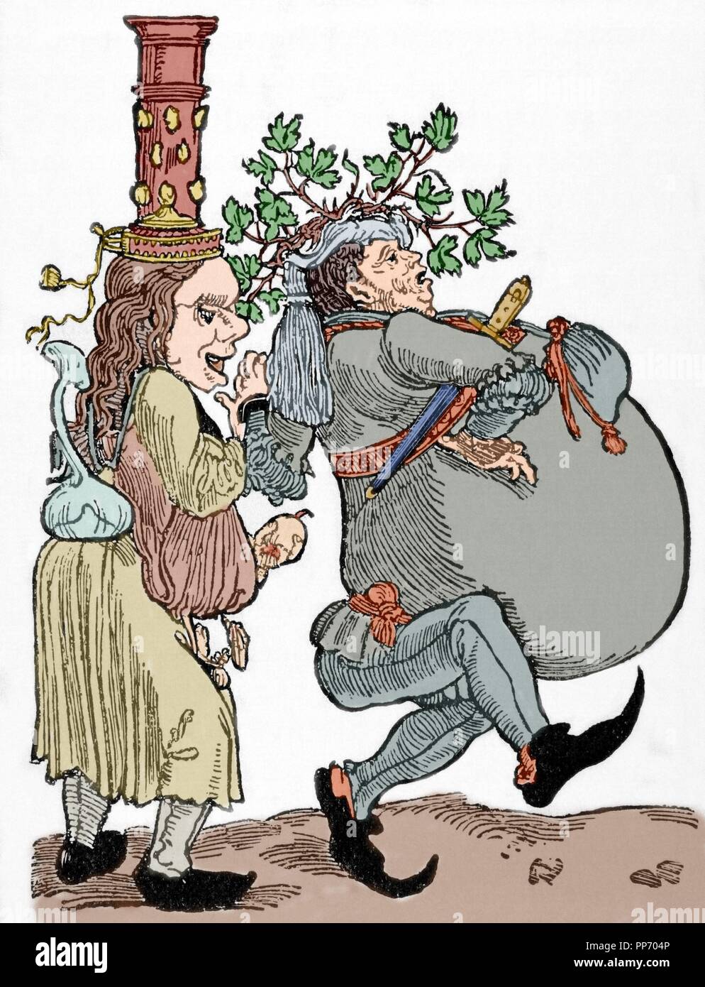 Martin Lutero (1483-1546). Riformatore tedesco. La caricatura di Martin Lutero e di sua moglie Katharina von Bora (1499-1552). Storia della Francia, 1881. Incisione colorata. Foto Stock