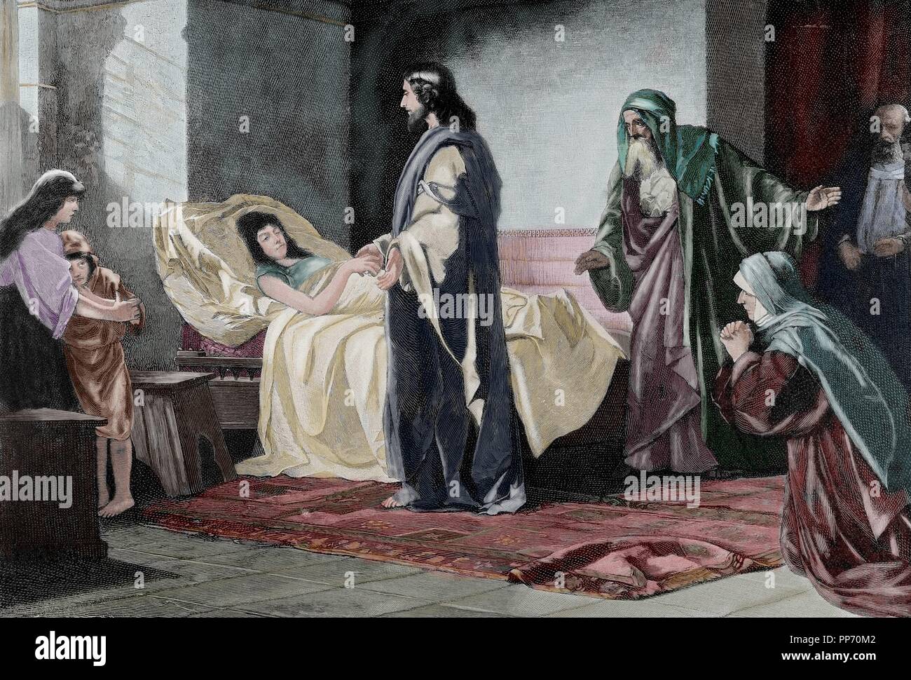 Il Nuovo Testamento. La resurrezione della figlia di Giairo. Incisione di Rusing "illustrazione artistica", 1886. Colorati. Foto Stock