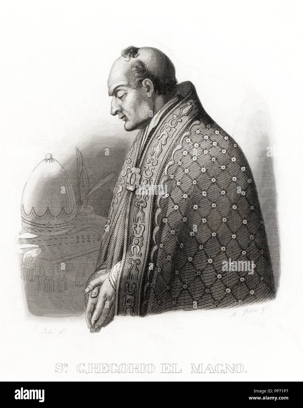 San Gregorio I el Magno (540-604), papa desde 590 al 604. Grabado de 1870. Foto Stock