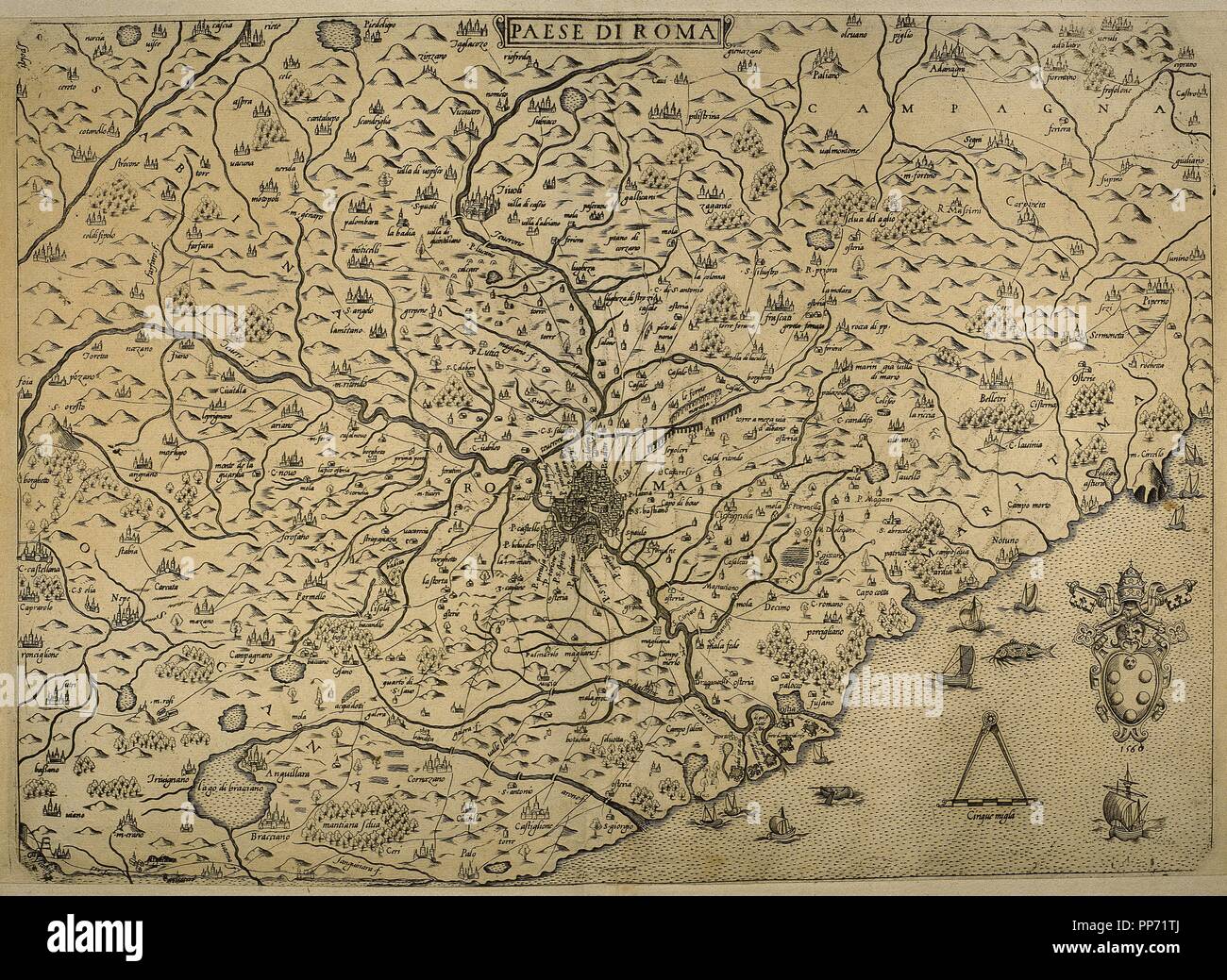Mappa della città di Roma. Incisione Italiana. Il XVI secolo. Foto Stock