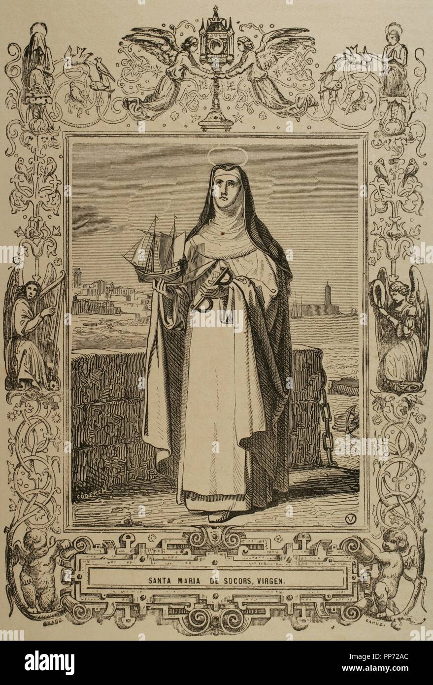 Maria de Cervello (1230-1290). Primi religiosi dell Ordine della Beata Vergine Maria della Misericordia. Noto anche come Mari a del Socorro. Incisione di Coderch, 1852. Foto Stock
