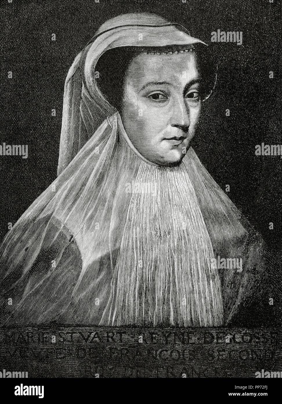 Maria, Regina di Scozia (1542-1587). Regina di Scozia e regina consorte di Francia. Incisione di E. Krell. Historia Universale, 1885. Foto Stock