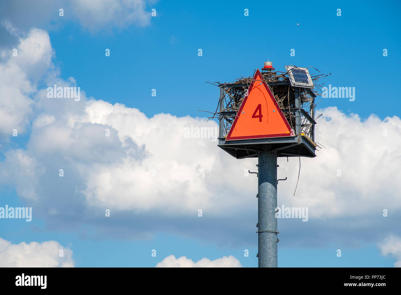 Svuotare osprey nido in boa di navigazione con un arancio brillante numero 4 segno a triangolo Foto Stock