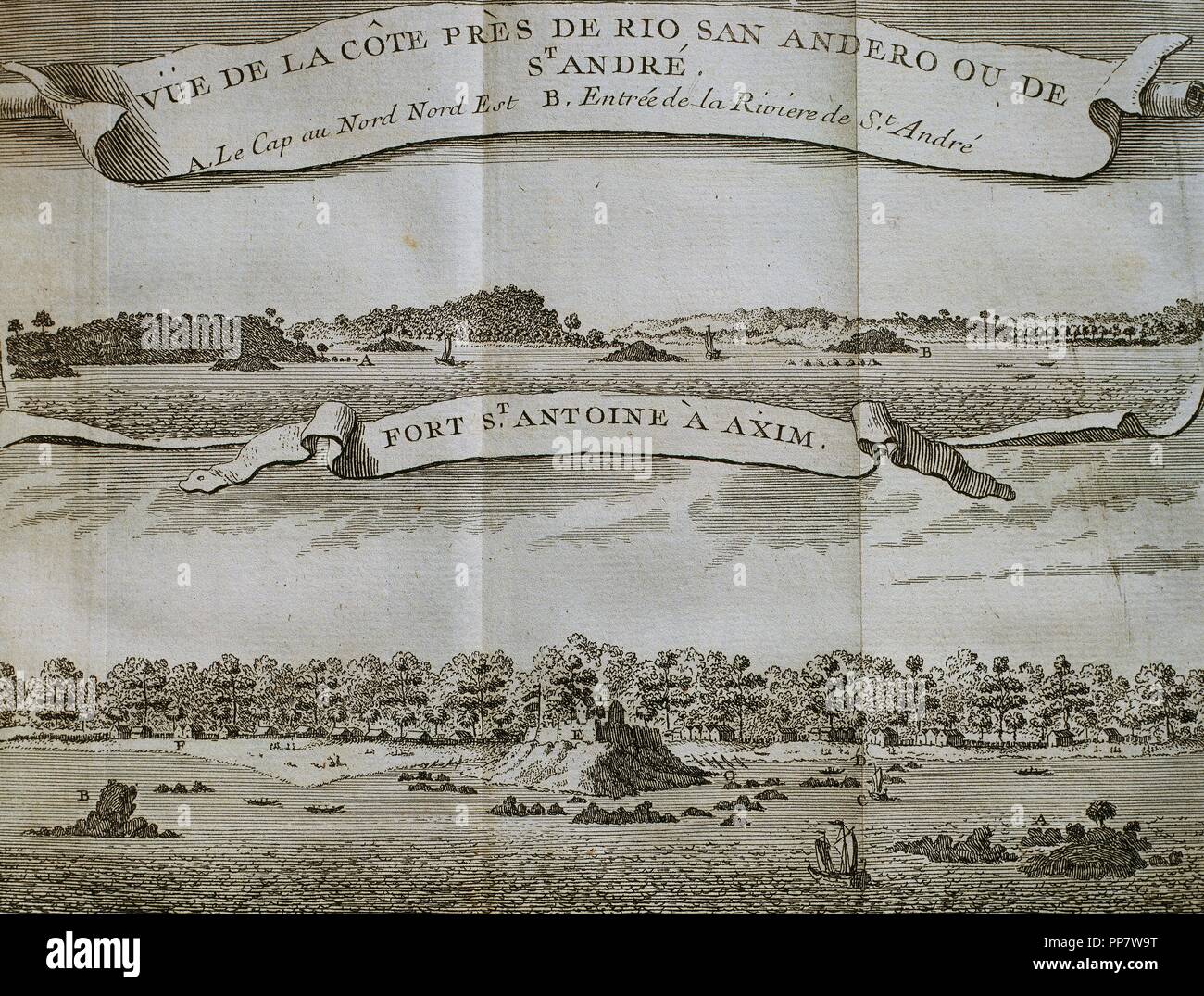 Il colonialismo. L'Africa. Dutch Costa Dorata. Vista della costa vicino a Saint Andrew river e il Fort Santo Antonio, XVI secolo, nell'Axim. Acquisite per il portoghese e in seguito occupata dagli inglesi. Disegno di William Smith, 1726. Incisione. Foto Stock