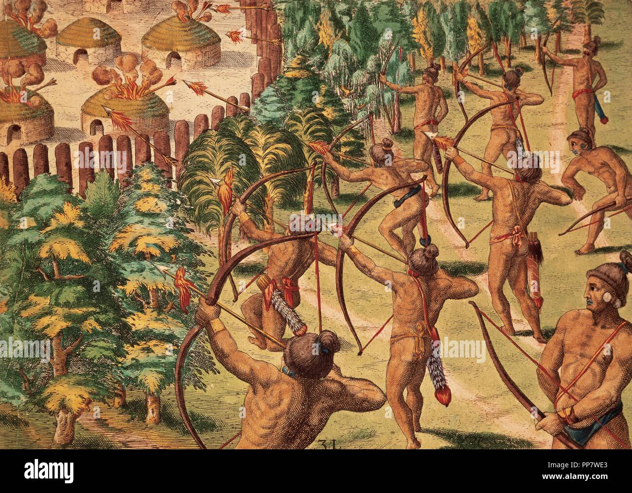 Storia della Florida, del XVI secolo. L'arrivo degli europei per la Florida ha innescato una guerra tribale. Nel 1562 è stata dichiarata la guerra tra sovrani Satouriona, Outina Potanou e. Disegno di Jacques Le Moyne de Morgues (1533-1588). Il lavoro di Theodore de Bry (1528-1598). A cura di Francoforte, Germania, 1591. Biblioteca idrografo della Marina. Parigi. La Francia. Foto Stock
