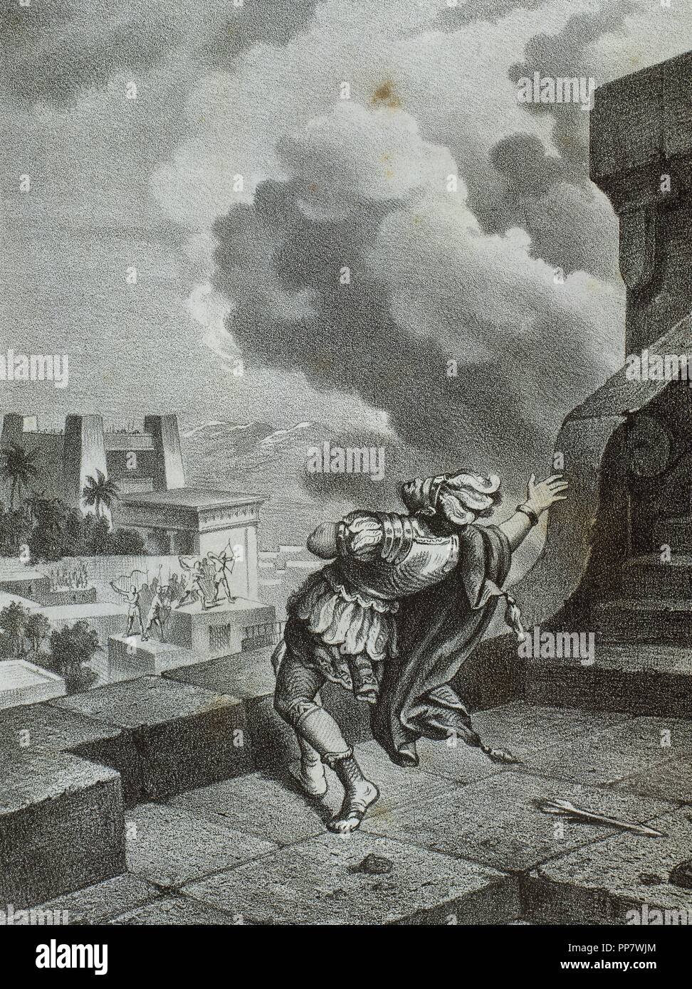 Moctezuma II (c. 1466-1520). Nona tlatoani o righello di Tenochtitlan. Regno, 1502 a 1520. La morte di Moctezuma II. Esistono diverse versioni di questo fatto dato da diverse fonti. Come Bernal del Castillo dice, lo spagnolo costretto Moctezuma a comparire sul balcone del suo palazzo, facendo appello ai suoi concittadini a ritirarsi. Le persone erano sconvolti dal loro imperatore della complicità e conciati lui con rocce e freccette. Morì di un breve periodo di tempo dopo che la. Questa versione è che cosa è mostrata in questa immagine. Incisione, 1875. Foto Stock