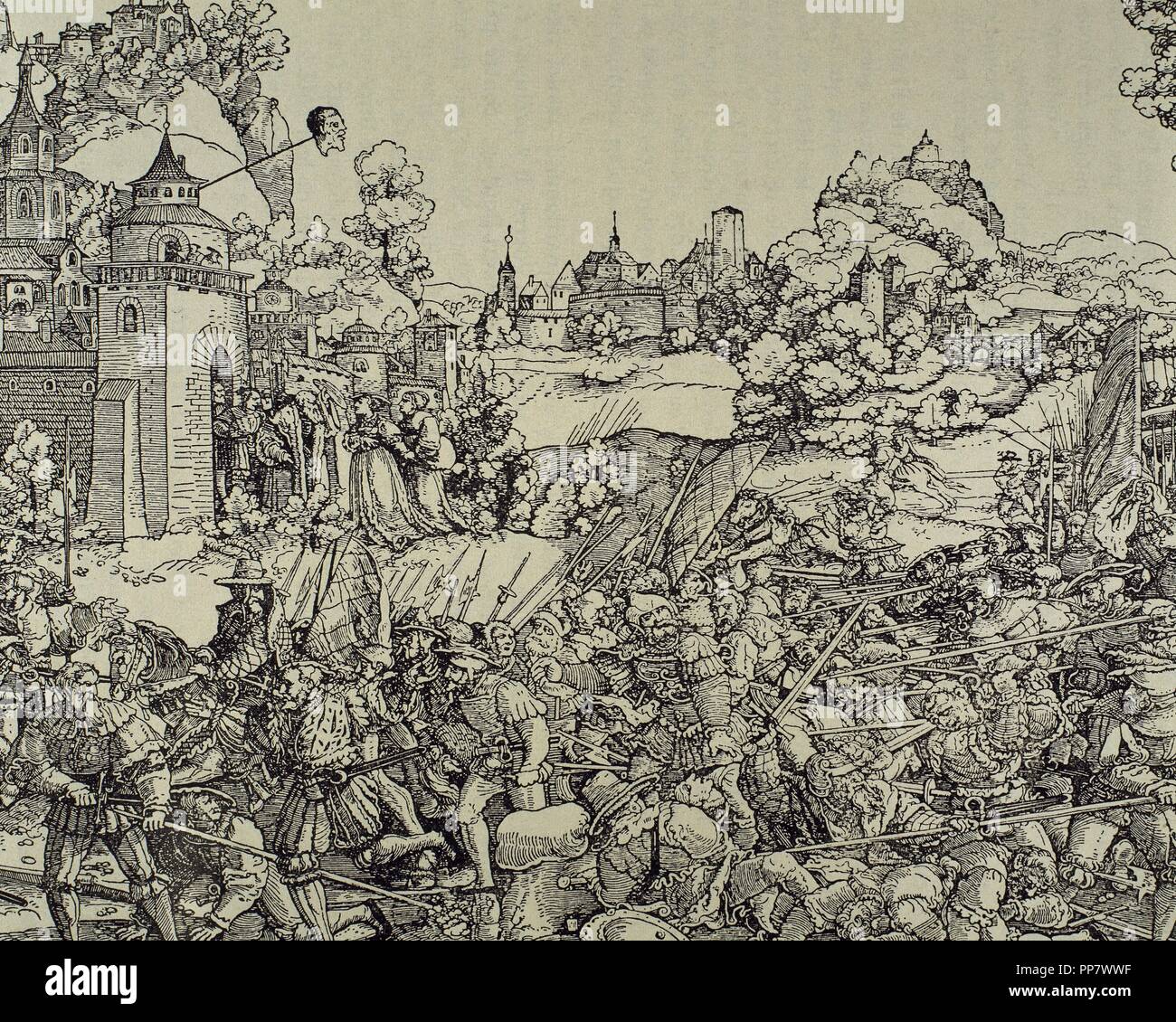 Il tedesco guerra dei contadini (1524-1525). Rivolta popolare in lingua tedesca le aree dell'Europa centrale a causa dell' aumento del potere dei capi e il peggioramento dei contadini di condizioni di vita. Incisione di orli Schenselin. Foto Stock