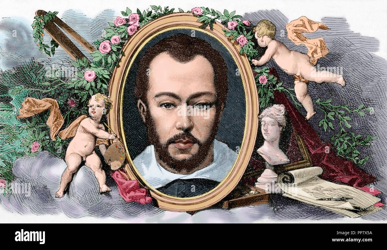 Juan Vicente Masip, noto come Juan de Juanes (1507-1579). Pittore spagnolo del periodo rinascimentale. Incisione di Arturo Carretero in 'Almanaque de la Ilustracio n", 1880. Colorati. Foto Stock