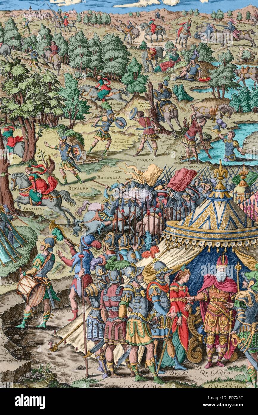 Ludovico Ariosto (1474-1533). Poeta italiano. La frenesia di Orlando. Primo Chant. Incisione raffigurante tutti i caratteri del poema, da Girolamo Porro. Stampata a Venezia, 1583. Colorati. Foto Stock