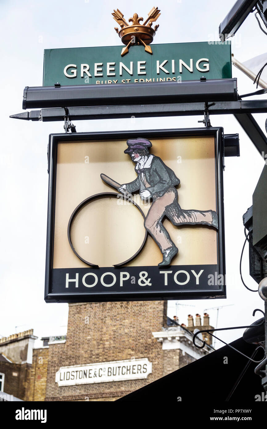 Londra Inghilterra,UK,Kensington,insegna illustrata da pub,Hoop & Toy,esterno,UK GB inglese Europa,UK180816097 Foto Stock