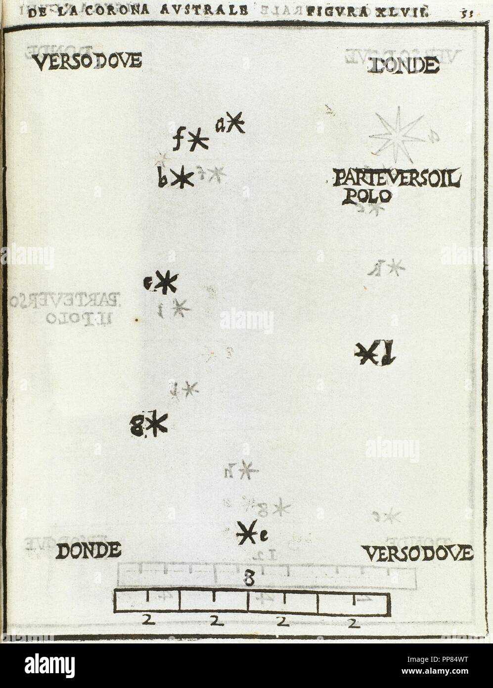 Corona Australis, Constellation nell'emisfero celeste australe. Incisione, 1559. Il dele stelle fisse da umanista italiano Alessandro Piccolomini (1508-1579). A cura di Venezia, 1540. Foto Stock