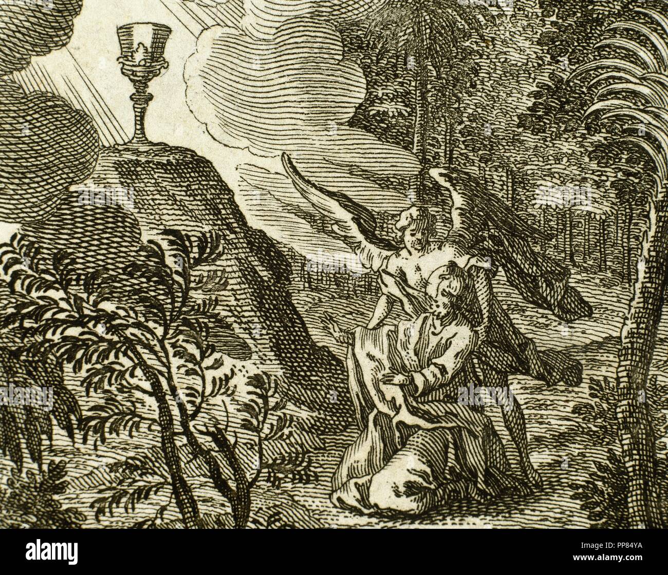 Il Nuovo Testamento. Matteo. Capitolo 26. Gesù che prega nel giardino del Getsemani. Un angelo appare a consolarlo. Incisione. Foto Stock