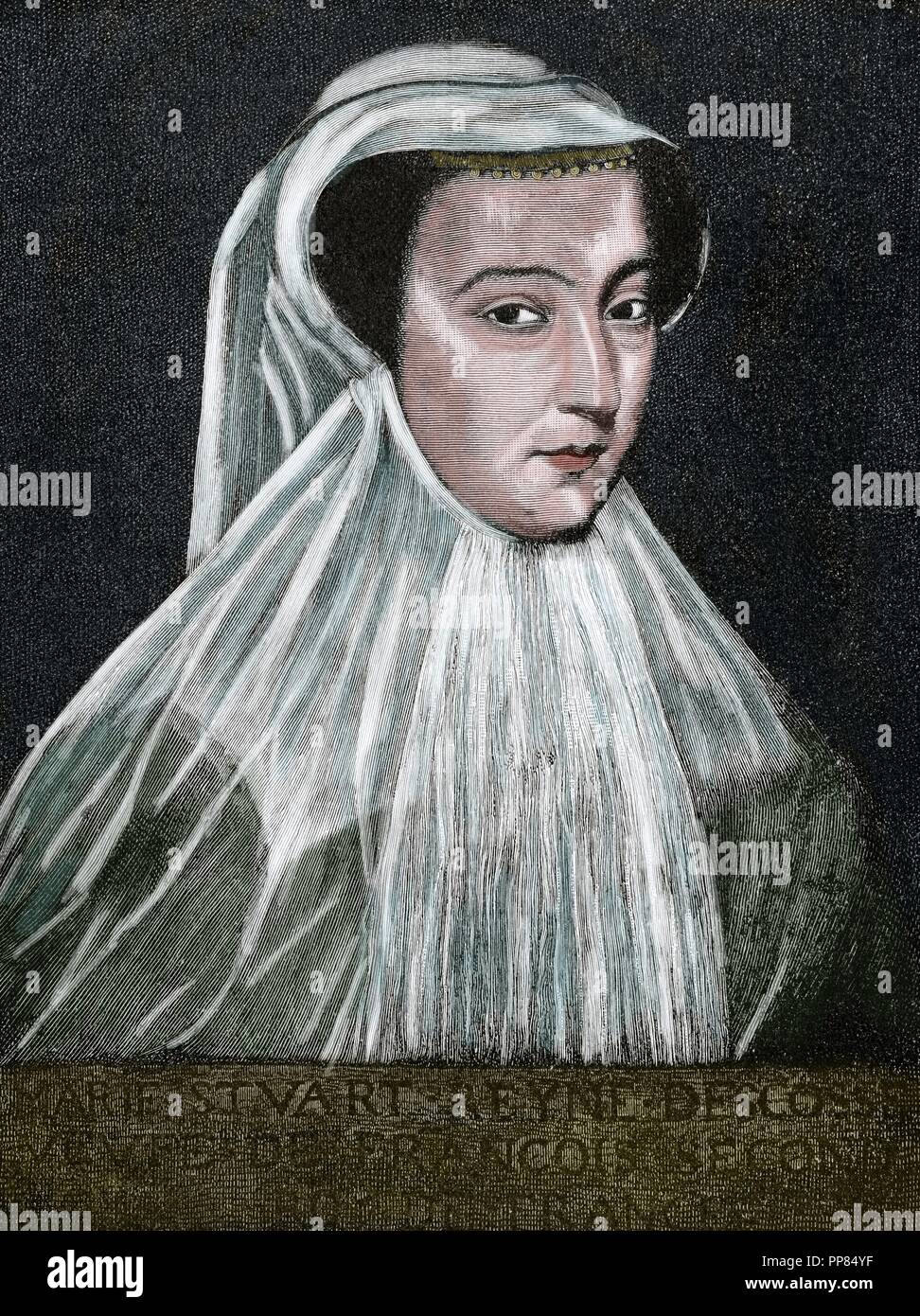 Maria, Regina di Scozia (1542-1587). Regina di Scozia e regina consorte di Francia. Incisione di E. Krell. Historia Universale, 1885. Colorati. Foto Stock