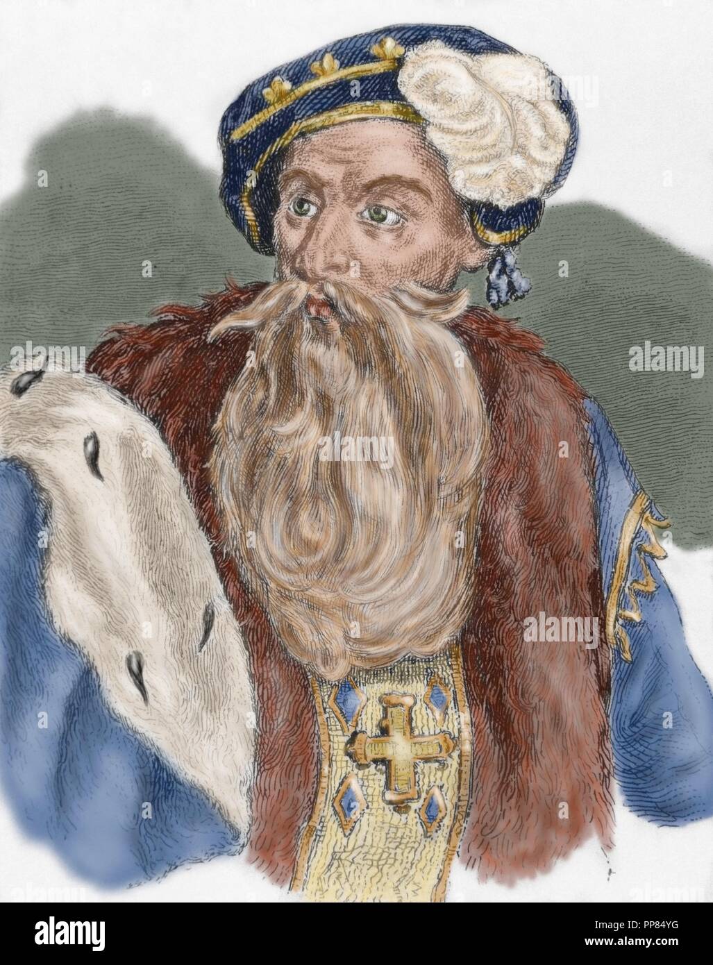 Gustavo di Svezia (1496-1560). Re di Svezia (1523-1560), fondatore del moderno stato svedese. In seguito noto come Gustav Vasa. Ritratto. Incisione. Colorati. Foto Stock