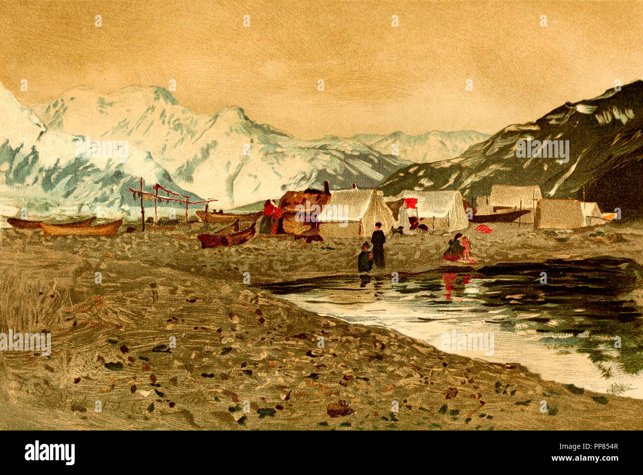 Il camp di guarnizione indiano cacciatori - Testa di Yakutat Bay, circa 1900 Foto Stock