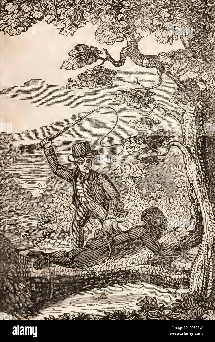 Torturare i cittadini americani - un uomo monta un americano africano uomo legato ad un albero caduto in Antebellum America del Sud Foto Stock