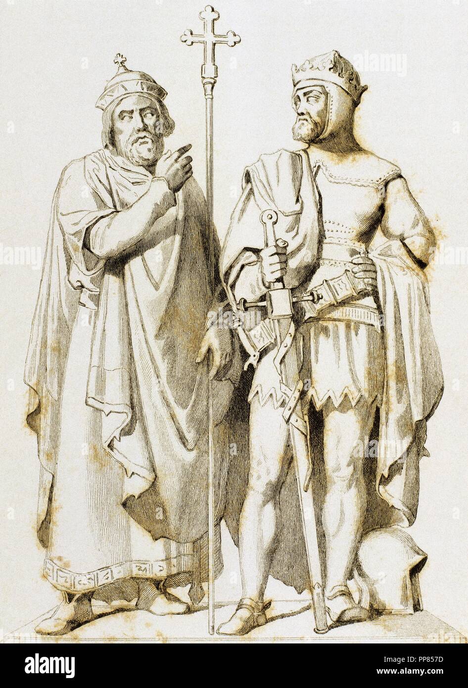Mieszko I (ca.930-992) e Boleslao i coraggiosi (967-1025). Re di Polonia. Incisione. Foto Stock