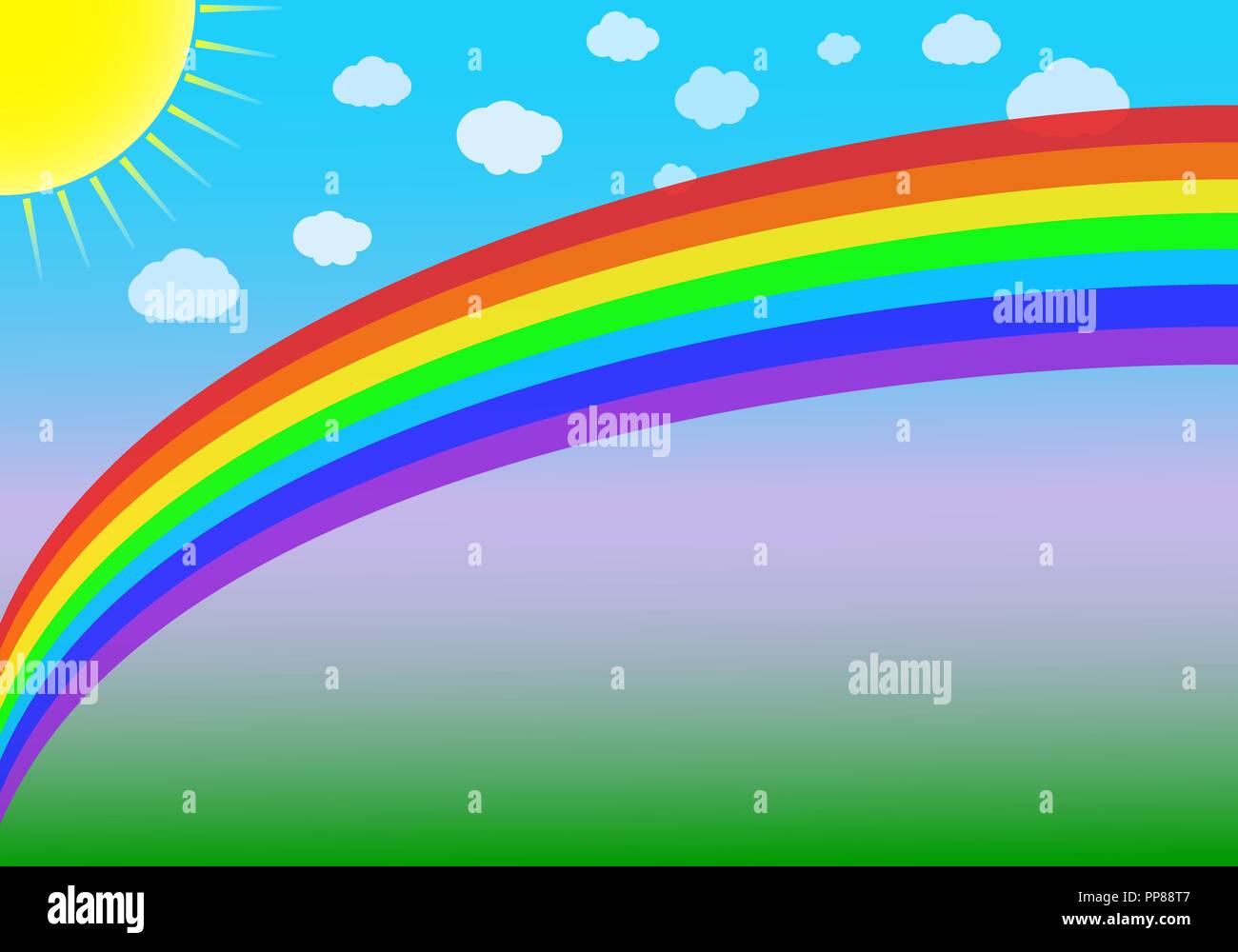 Illustrazione vettoriale di un arcobaleno, sole e nuvole su un blu-verde dello sfondo. Illustrazione Vettoriale