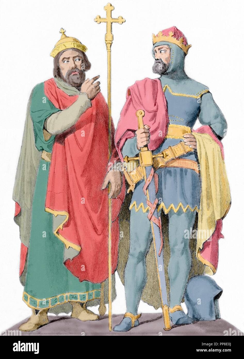 Mieszko I (ca.930-992) e Boleslao i coraggiosi (967-1025). Re di Polonia. Incisione. Colorati. Foto Stock