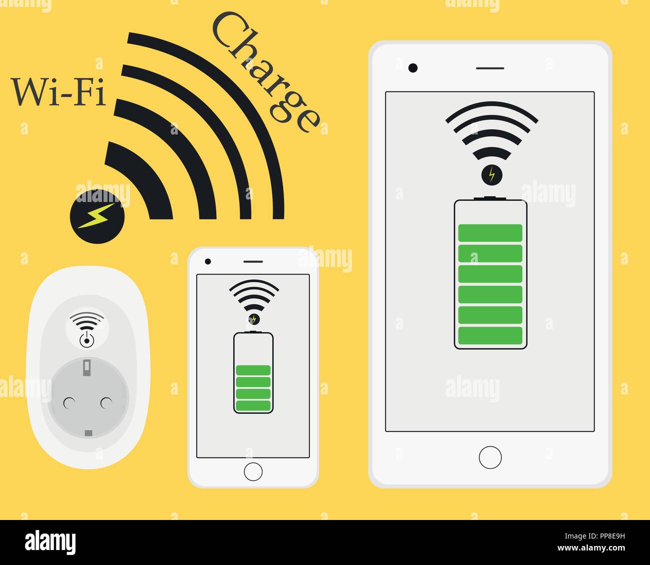 Accesso wireless wifi phone e tablet in carica. Tecnologie innovative. Caricabatterie alla presa da una distanza senza fili. Illustrazione Vettoriale. Connessione Smart. Illustrazione Vettoriale