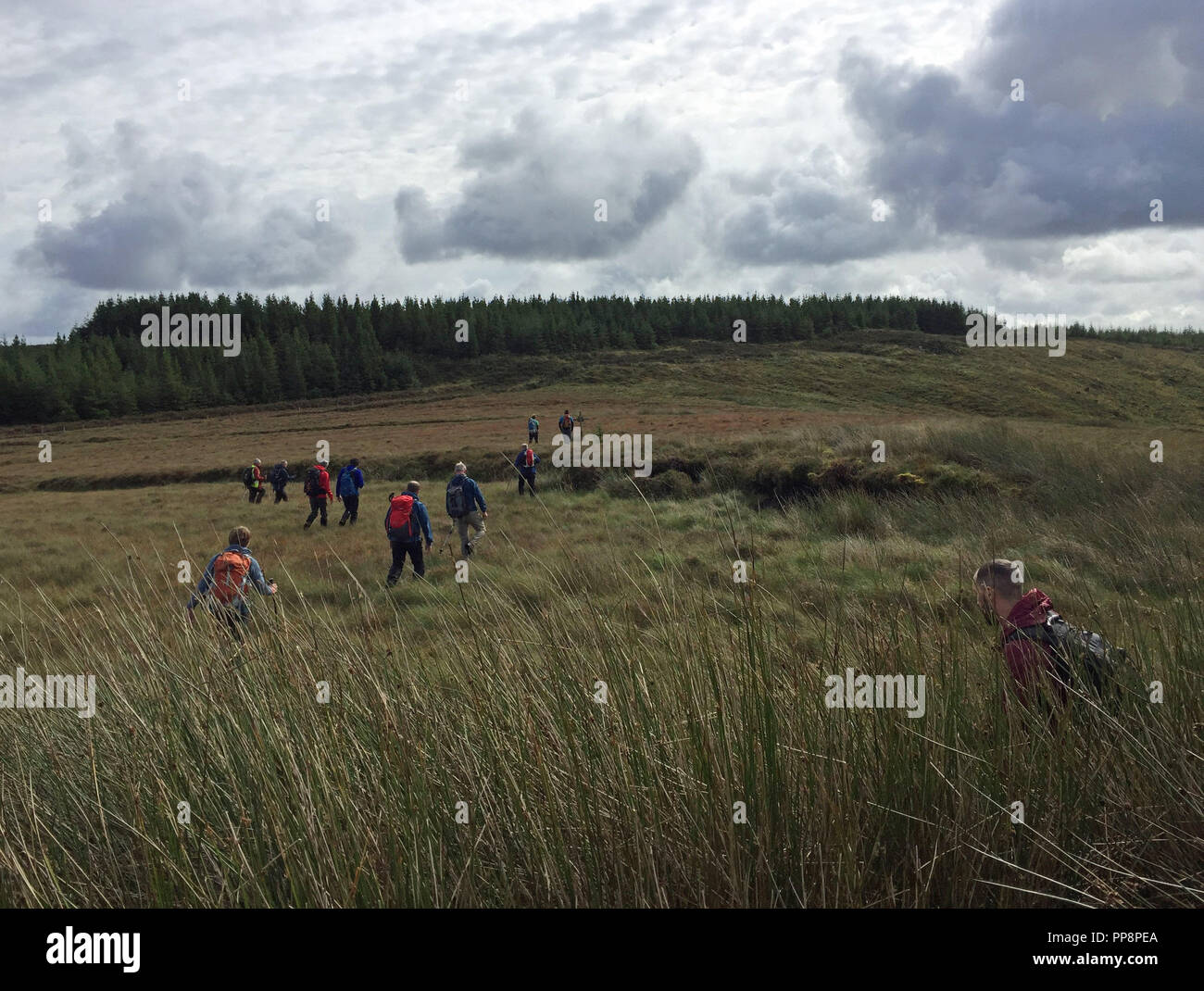 Un gruppo camminare vicino a Castlederg, Co Tyrone, come esse attraversano un ex percorso di contrabbando ricoprire entrambi i lati della frontiera irlandese durante il Sperrins e Killeter Walking Festival. L'area, che include parti di Tyrone e Fermanagh in Irlanda del Nord e il Donegal nella repubblica è stata una 'Meeting posto' per secoli, un tecnico patrimonio culturale detto. Foto Stock