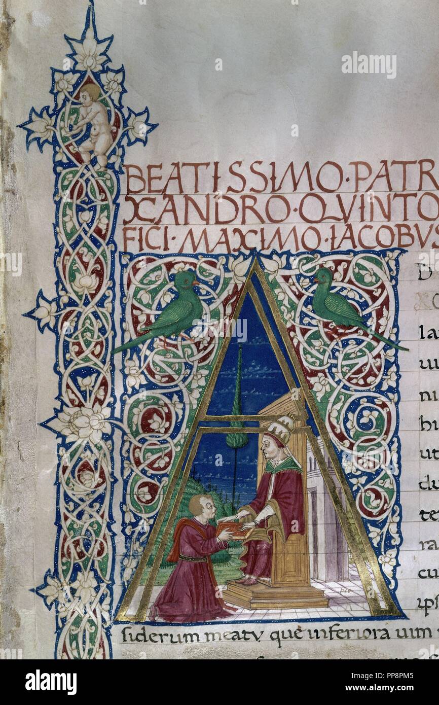 JACOBO ANGELO PRESENTA 'Cosmografia di Tolomeo' DI ALEJANDRO V. Autore: Tolomeo, Claudio. Posizione: MONASTERIO-BIBLIOTECA-COLECCION. SAN LORENZO del El Escorial. MADRID. Spagna. Foto Stock