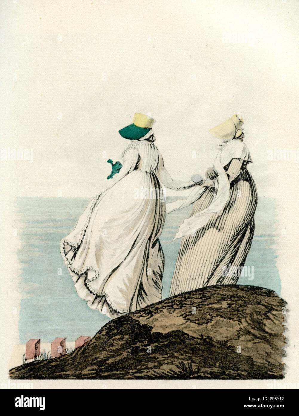 Onorevoli colleghe con cappelli e agitando i vestiti in spiaggia, dalla Galleria della moda, London, 1797, 1925 Foto Stock