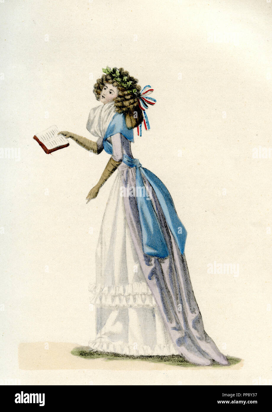 Onorevoli moda intorno al 1790: Signora con libro, dal Journal des Dames, 1790, 1925 Foto Stock
