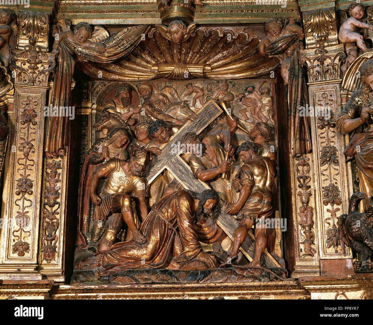 Damia Forment (1480-1540). Scultore Spagnolo. Cattedrale di Santo Domingo de la Calzada. Pala principale, 1537-40. Dettaglio. Gesù portando la sua croce. Spagna. Foto Stock