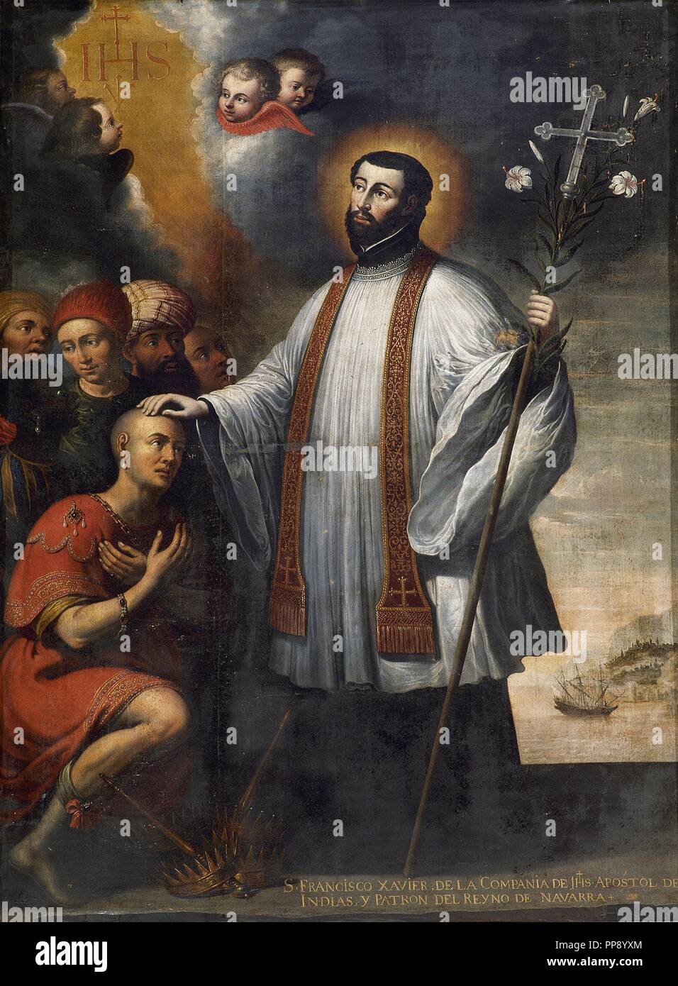 San Francesco Saverio (1506-1552). Missionario gesuita. Rappresentazione di San Francesco in atteggiamento missionario, la benedizione di un uomo per le missioni. Convento di Recoletas. Pamplona. La Navarra. Spagna. Foto Stock