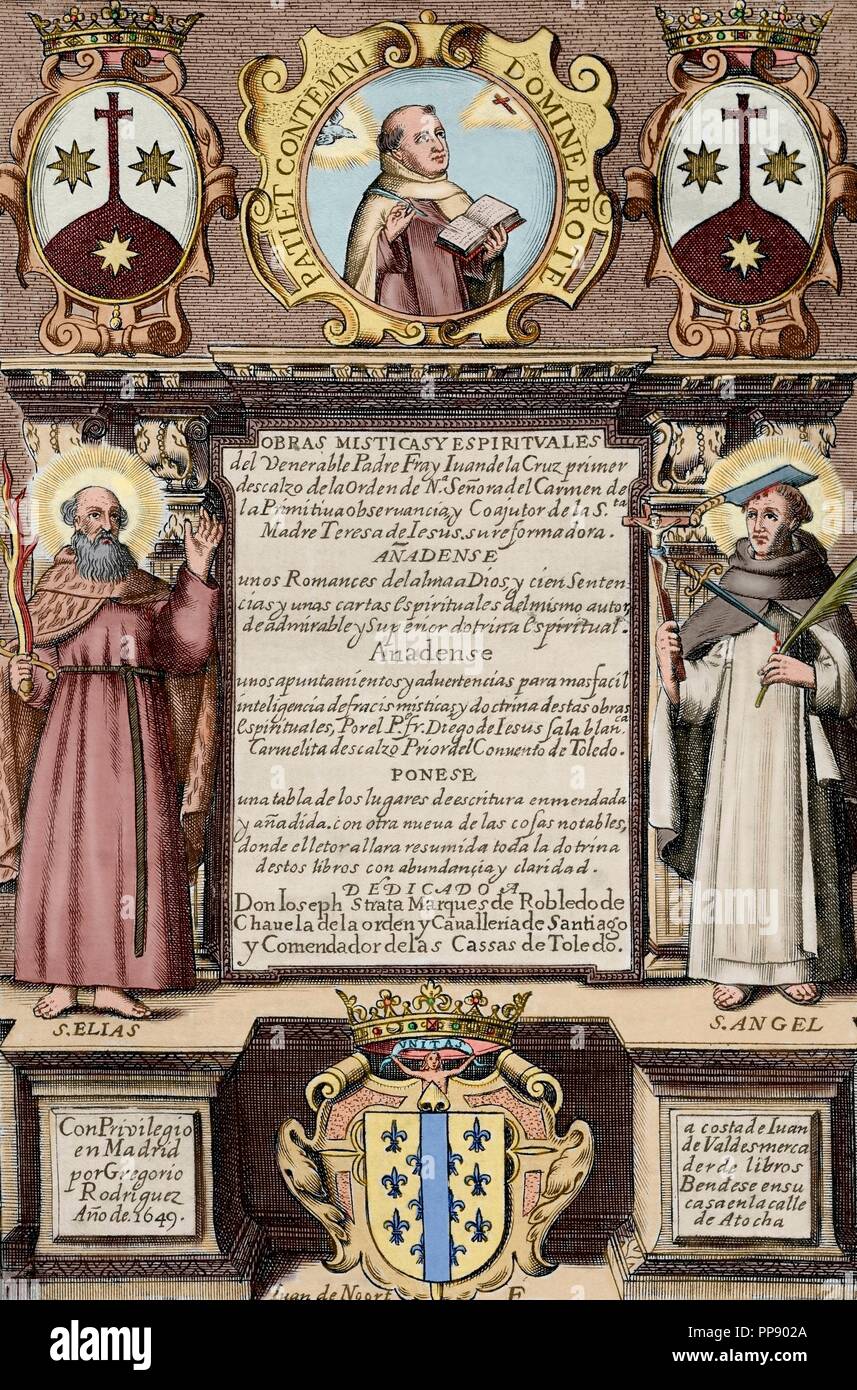 Giovanni della Croce (1542-1591), nato Juan de Yepes Alvarez. Mistico spagnolo. Figura importante della Controriforma Cattolica saint, frate carmelitano e sacerdote. Pagina di 'Obras Misticas Espirituales y'. Incisione. Colorati. Foto Stock